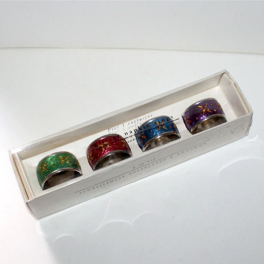 Pier 1 4 Napkin Ring Set glitter metal NEW table decor Boho star